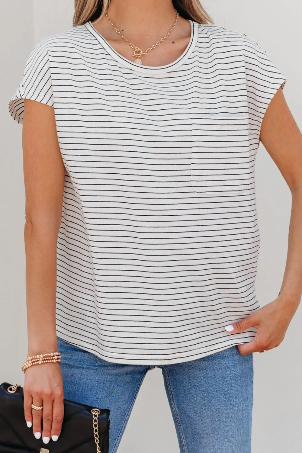 Stripe Cap Sleeve Crew Neck Casual Tee with Chest Pocket