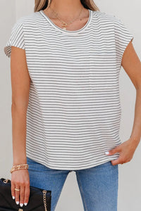 Stripe Cap Sleeve Crew Neck Casual Tee with Chest Pocket