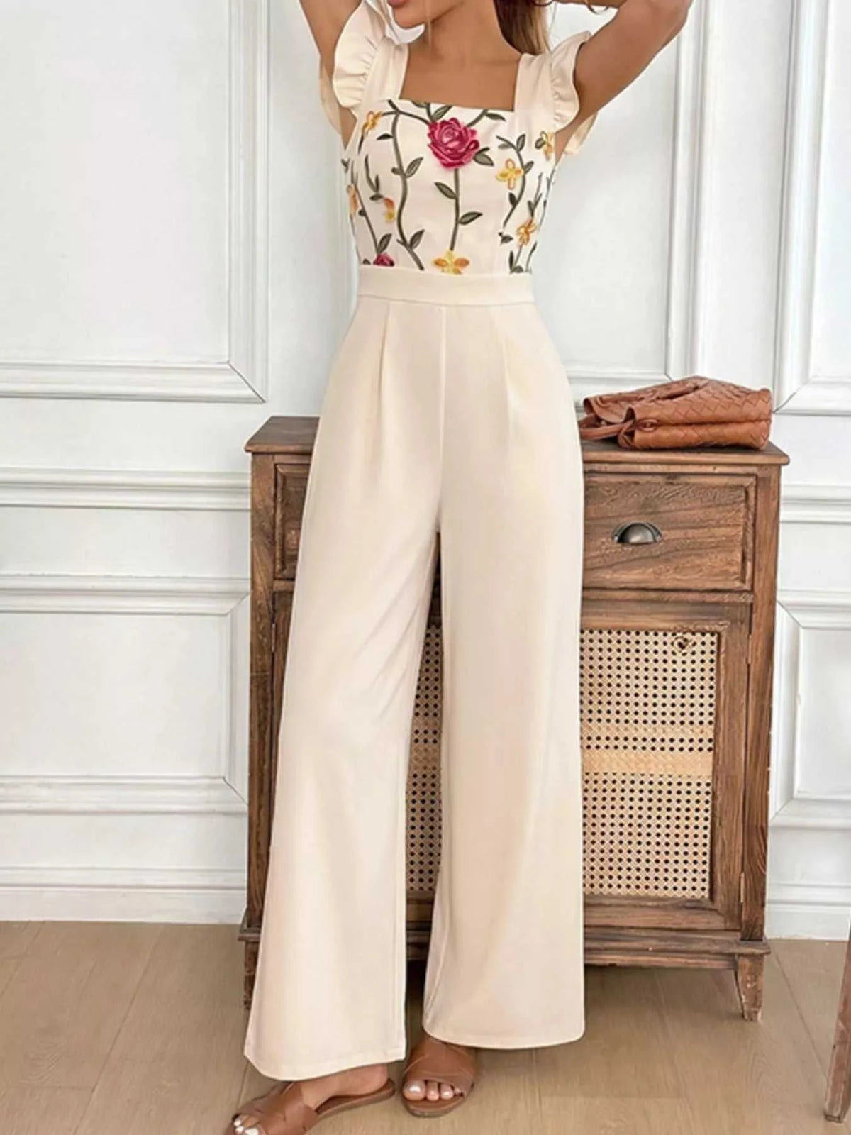 Floral Embroidered Ruffle Trim Jumpsuit 100100569039389 49 Affordable Fashion Under $100 Jerry's Apparel 