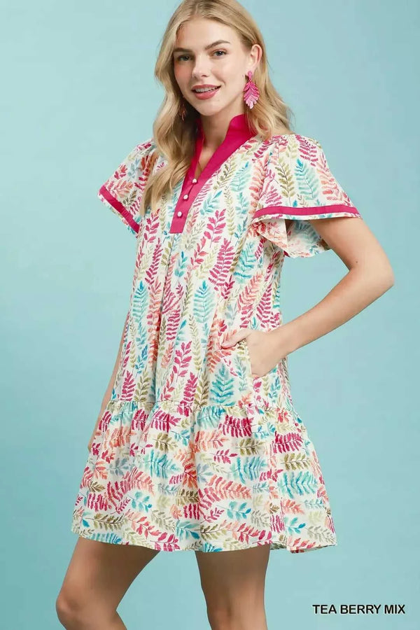 Umgee Leaf Print Flutter Sleeve Tiered Mini Dress 100100475441385 64 Affordable Fashion Under $100 Jerry's Apparel 