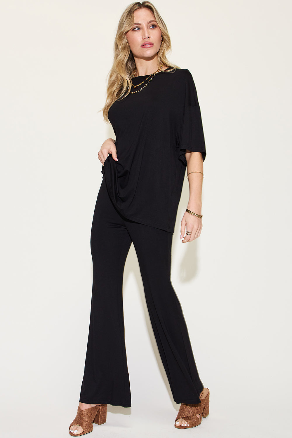 Full Size Bamboo Drop Shoulder T-Shirt and Flare Pants Set