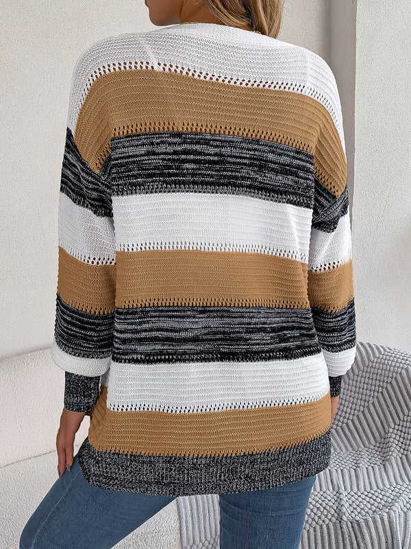 Openwork Striped Open Front Cardigan