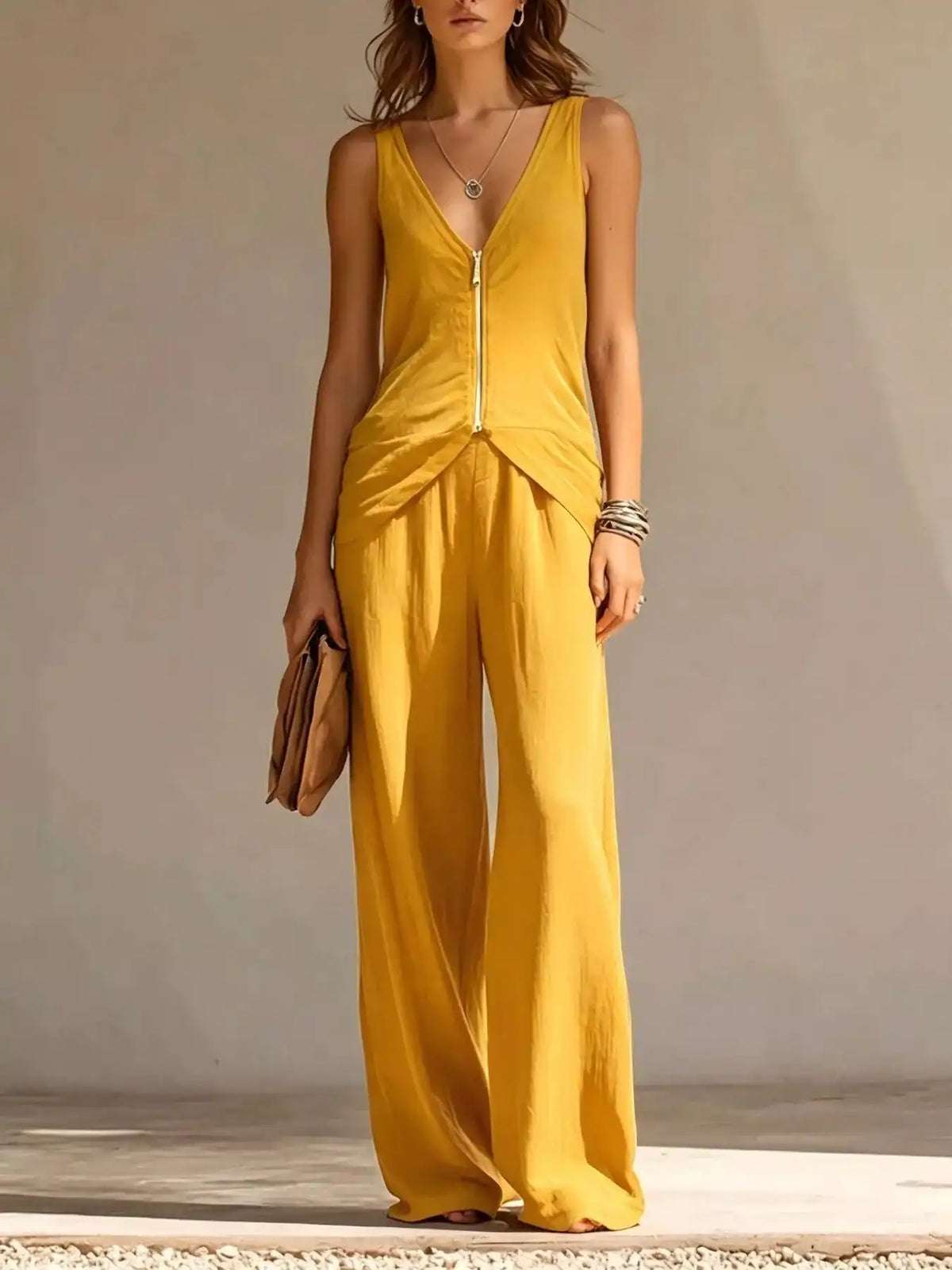 Full Size Zipper Front Tank and Wide-Leg Pants Set Plus Size 101001865169610 58 Women's Pants Set Gifts for Her Jerry's Apparel 