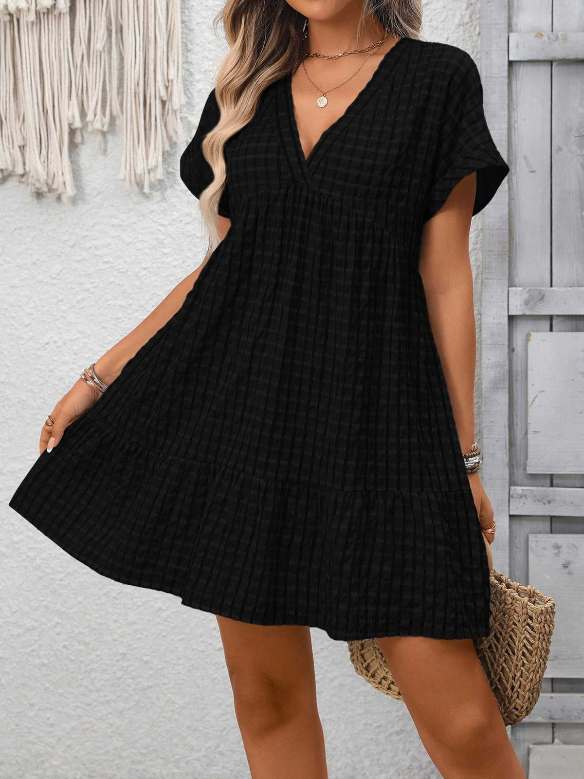 Plaid V-Neck Ruffle Hem Mini Dress 100100856082882 43 Affordable Fashion Under $100 Jerry's Apparel 