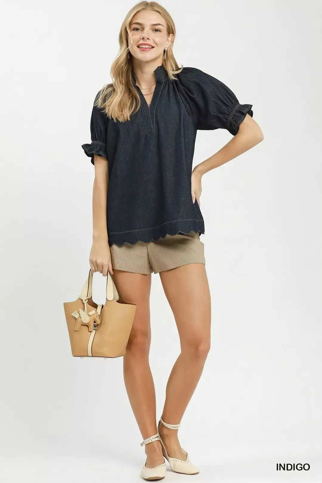 Umgee Chambray Puff Sleeve Scallop Hem Blouse 100100091881532 53 Affordable Fashion Under $100 Jerry's Apparel 