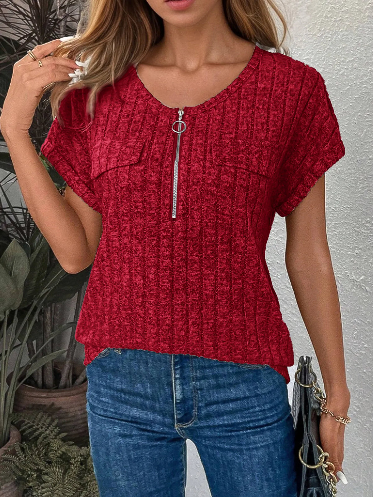 Zip-Front Short Sleeve T-Shirt