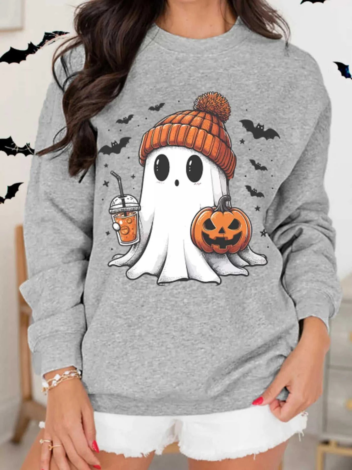Halloween Ghost Round Neck Sweatshirt 100100948571147 48 Affordable Fashion Under $100 Jerry's Apparel 
