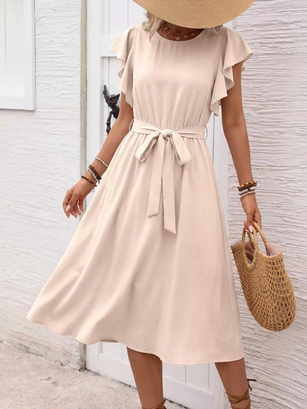 Ruffle Sleeve Tie Waist Midi Dress 100100782574202 39 Women's Midi Dress Affordable Boutique Dresses Under $50 Jerry's Apparel 