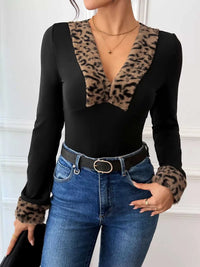 Leopard Trim V-Neck Long Sleeve Bodysuit 100100967976047 35 Affordable Fashion Under $100 Jerry's Apparel 