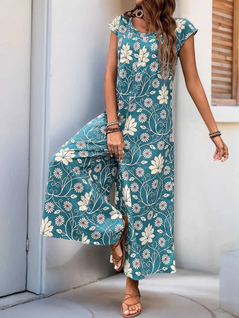 Perfee Printed Round Neck Cap Sleeve Wide Leg Jumpsuit 100100380311019 31 Affordable Fashion Under $100 Jerry's Apparel 