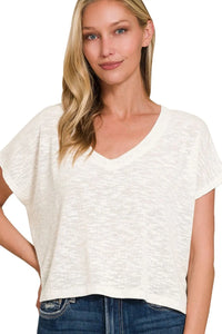 Zenana Hacci Slub V-neck Drop Shoulder Crop Top