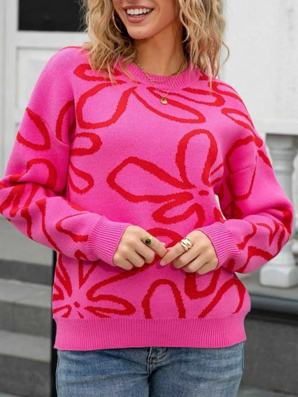Flower Crew Neck Long Sleeve Sweater 100100780503301 49 Affordable Fashion Under $100 Jerry's Apparel 