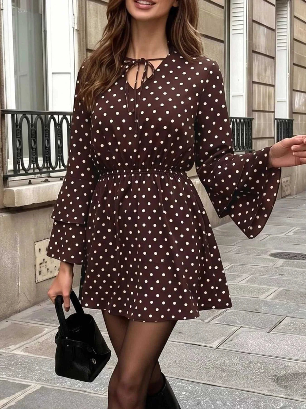 Polka Dot Flare Sleeve Tie Neck Dress 100100463359157 40 Affordable Fashion Under $100 Jerry's Apparel 