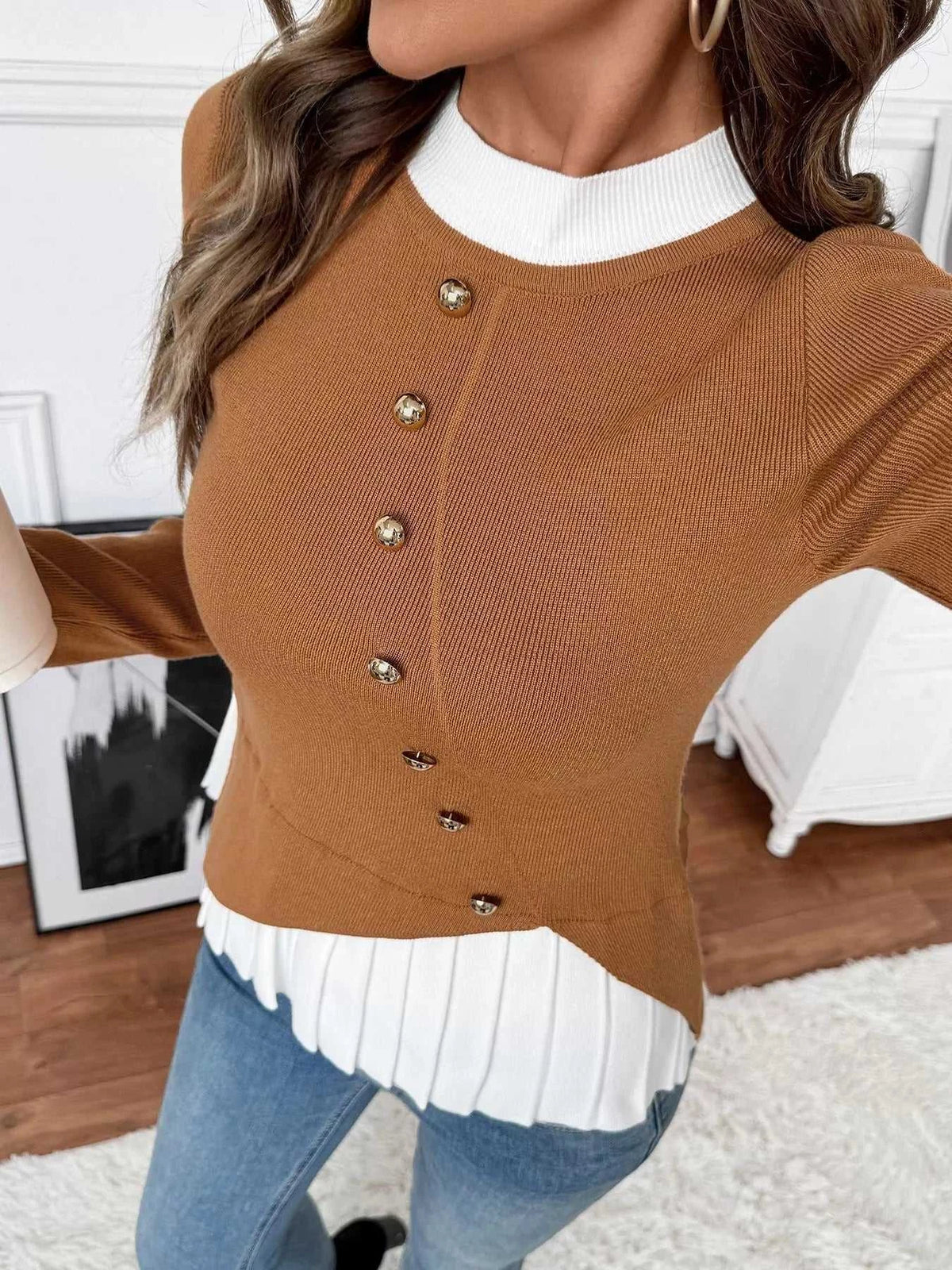 Decor Button Contrast Hem Knit Top 100100315297138 47 Affordable Fashion Under $100 Jerry's Apparel 