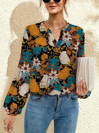 FAM-FAM Printed Notched Long Sleeve Blouse