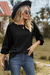 Eyelet Round Neck Long Sleeve T-Shirt