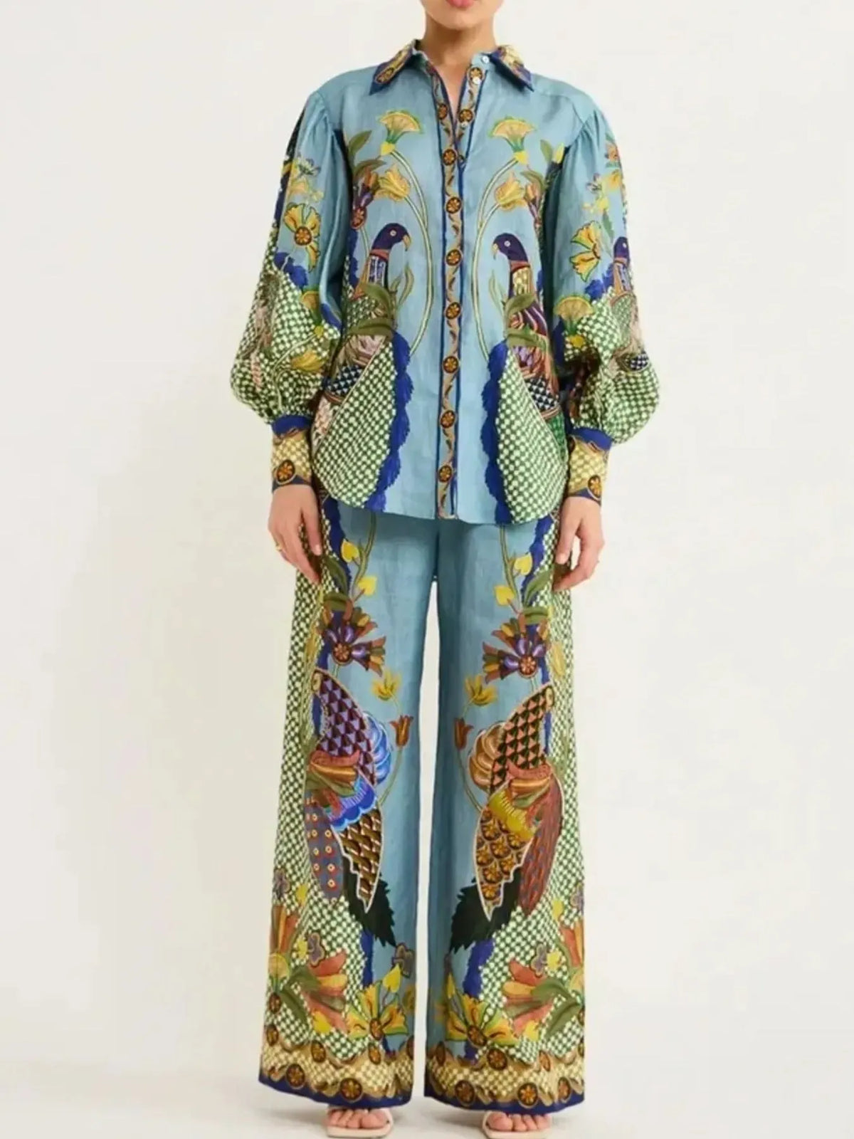 Printed Button Up Shirt and Pants Set