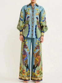 Printed Button Up Shirt and Pants Set