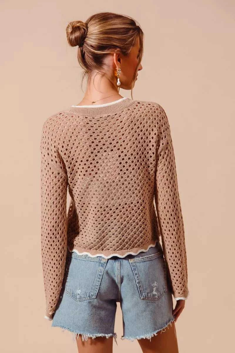 SO ME Open Knit Light Weight Sweater Cardigan With Contrast Wavy Scallop Edge 100100641861665 41 Affordable Fashion Under $100 Jerry's Apparel 