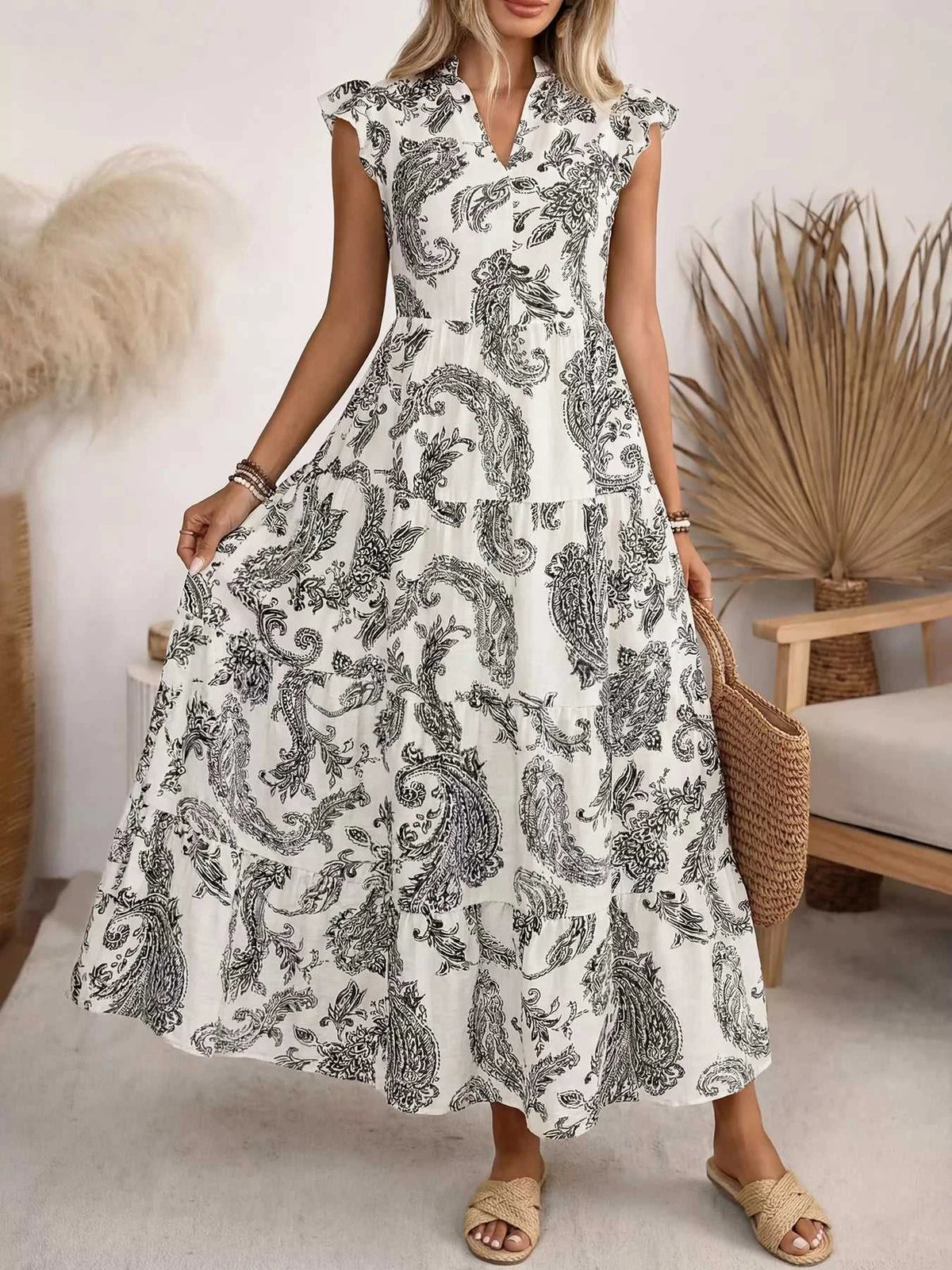 Printed Notched Ruffle Sleeve Maxi Dress 100100793243386 39 Affordable Fashion Under $100 Jerry's Apparel 