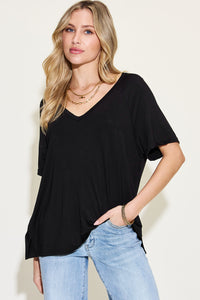 Full Size Bamboo Slit V-Neck Short Sleeve T-Shirt