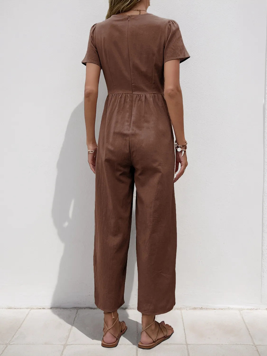 V-Neck Short Sleeve Wide Leg Jumpsuit