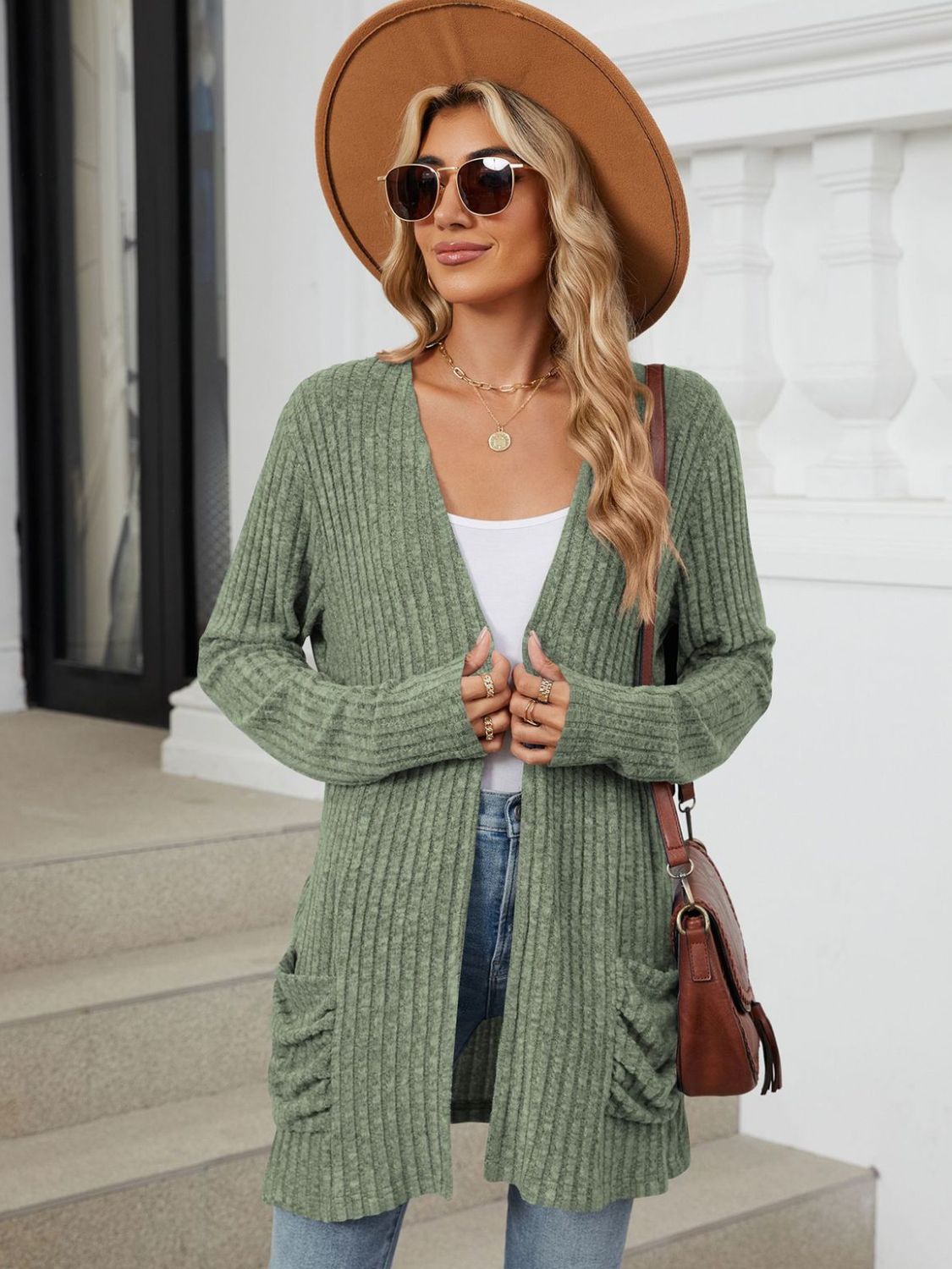 Pocketed Open Front Long Sleeve Cardigan