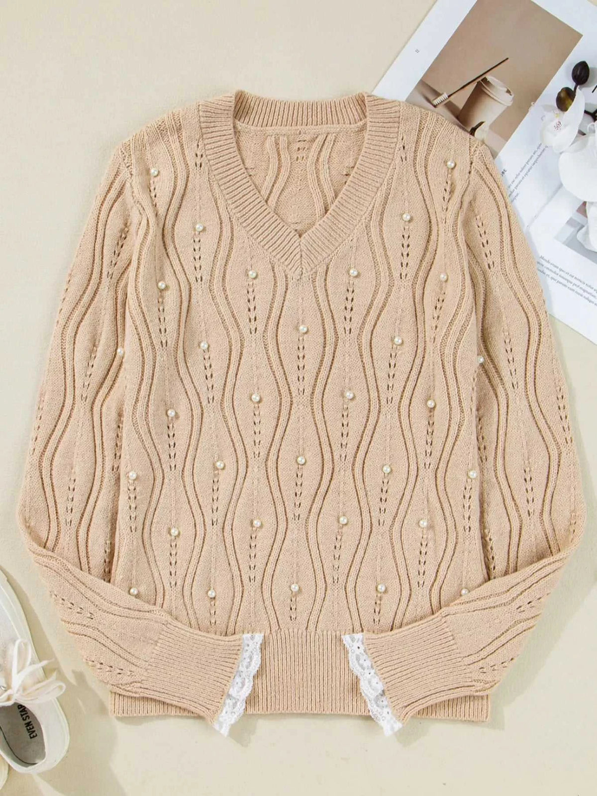 Pearl-Embellished V-Neck Pullover Sweater 100100719561876 49 Affordable Fashion Under $100 Jerry's Apparel 