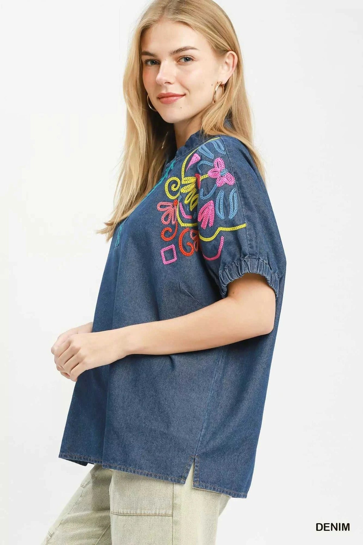 Umgee Embroidered Denim Puff Sleeve Top 100100310881935 60 Affordable Fashion Under $100 Jerry's Apparel 