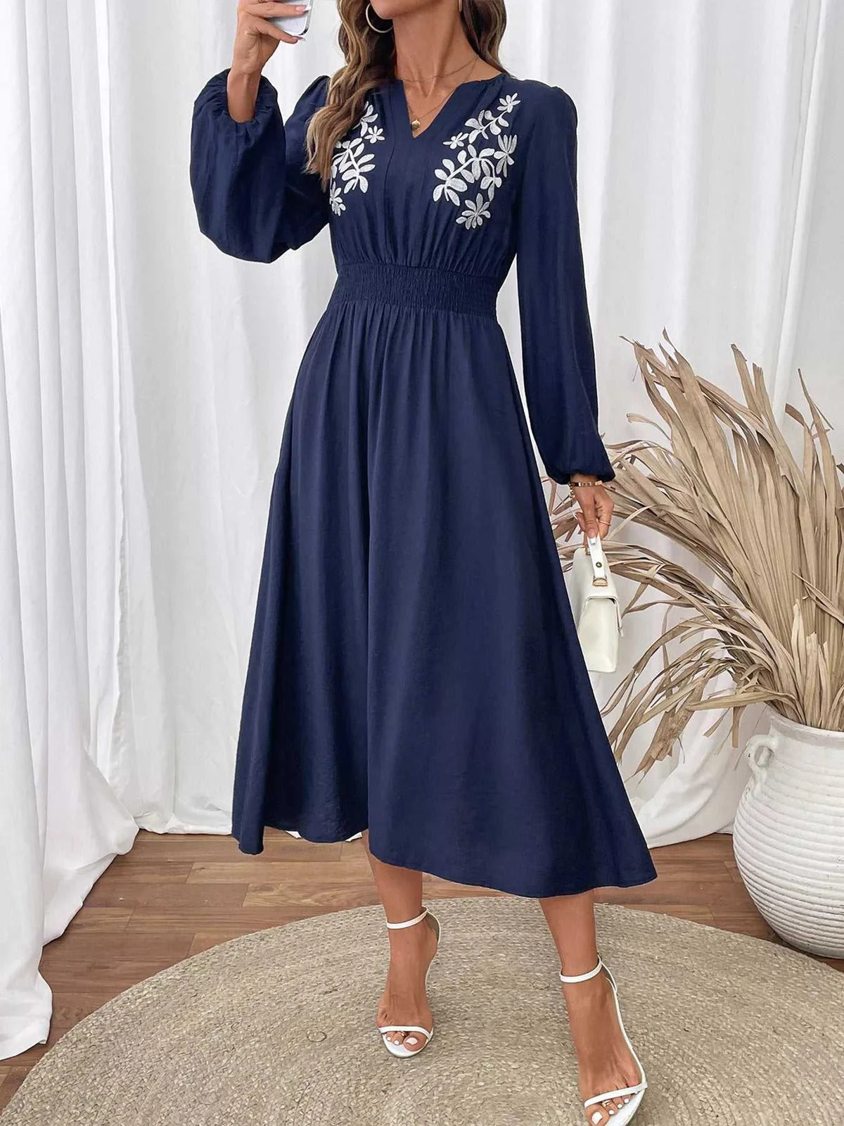 Embroidered Notched Long Sleeve Midi Dress 100100959360037 45 Affordable Fashion Under $100 Jerry's Apparel 