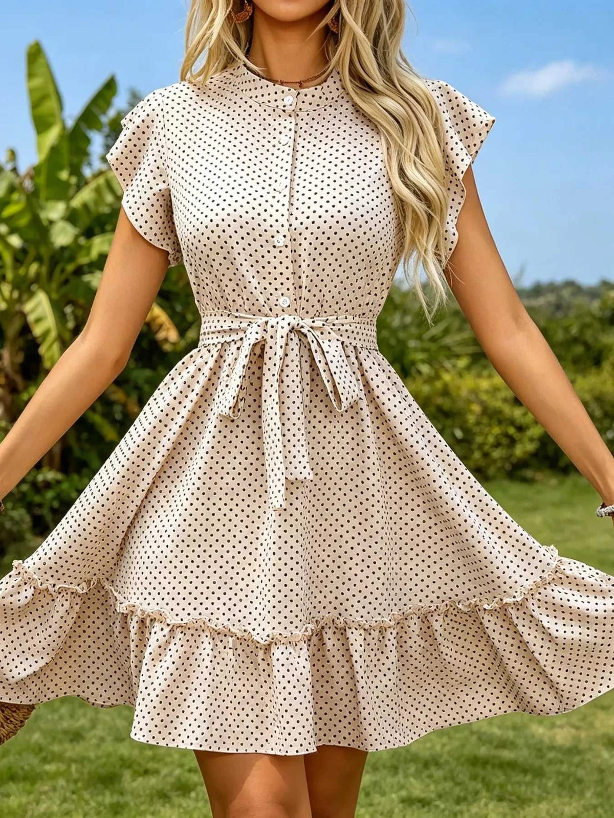 Polka Dot Ruffle Sleeve Tie Waist Dress 100100460465969 39 Gifts for Her Jerry's Apparel 