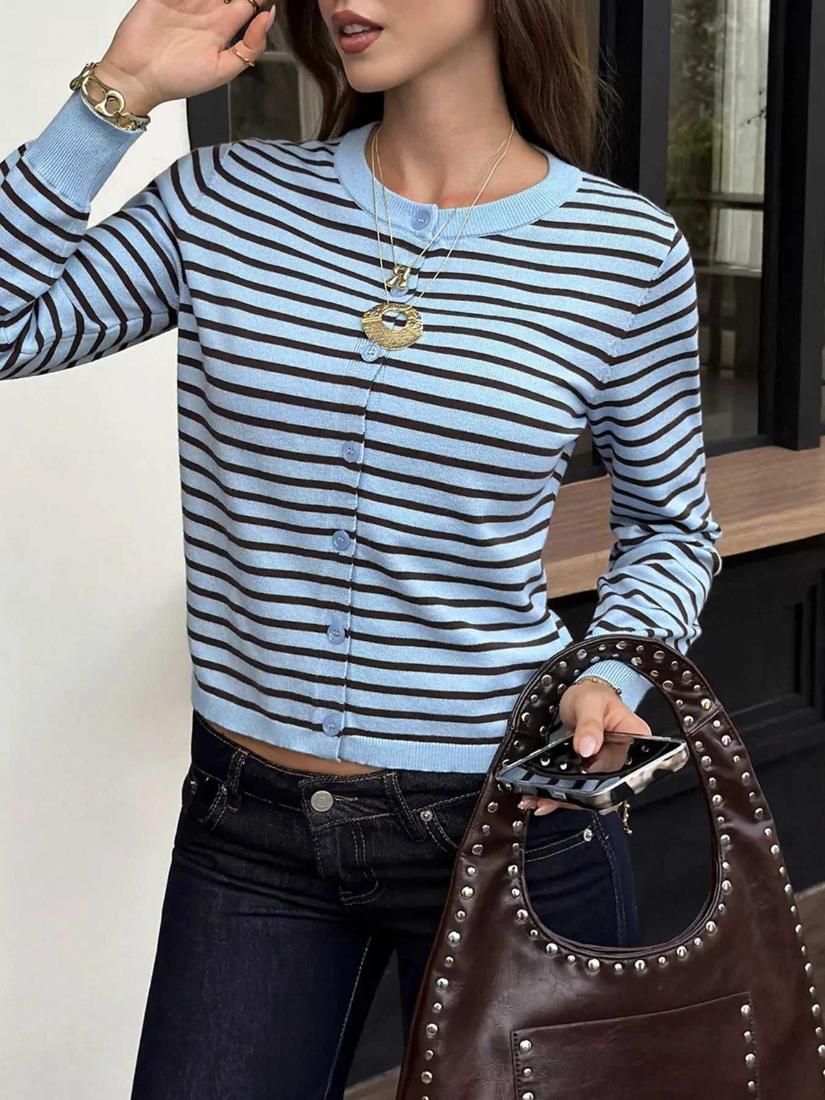 Striped Crew Neck Button-Down Cardigan 101002952713518 48 Affordable Fashion Under $100 Jerry's Apparel 