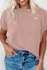 Casual Ribbed Short Sleeve Round Neck T-Shirt