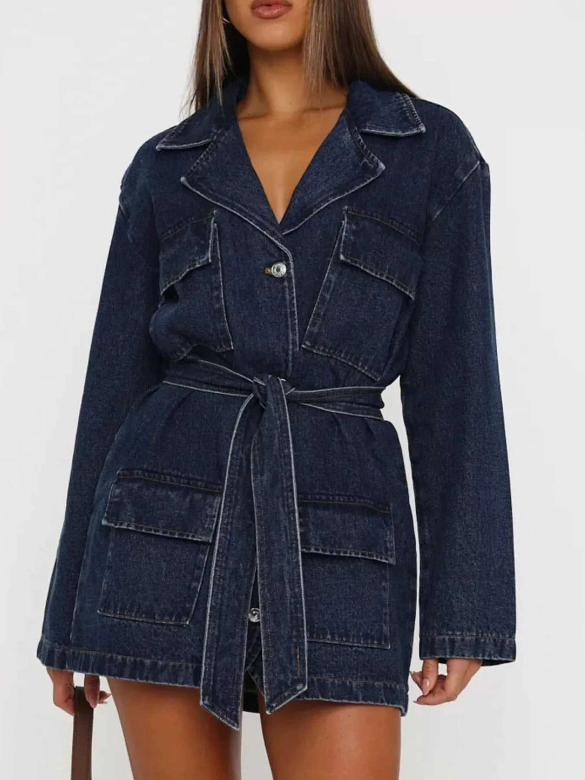 Long Sleeve Longline Denim Jacket with Belt 101003147500368 74 Affordable Fashion Under $100 Jerry's Apparel 