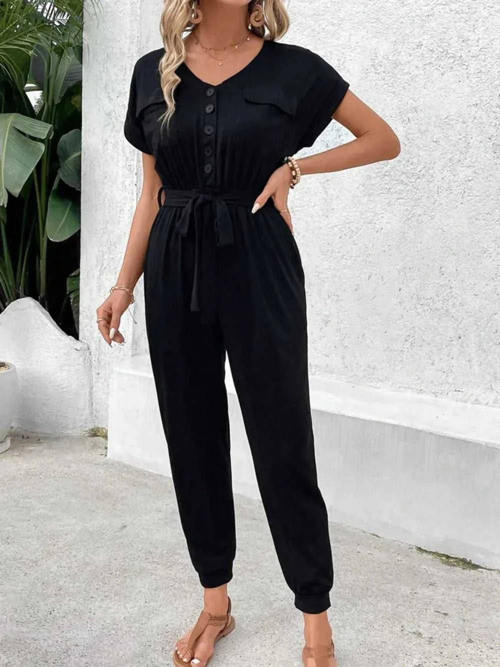 Perfee V-Neck Short Sleeve Jumpsuit 100100199501090 43 Affordable Fashion Under $100 Jerry's Apparel 
