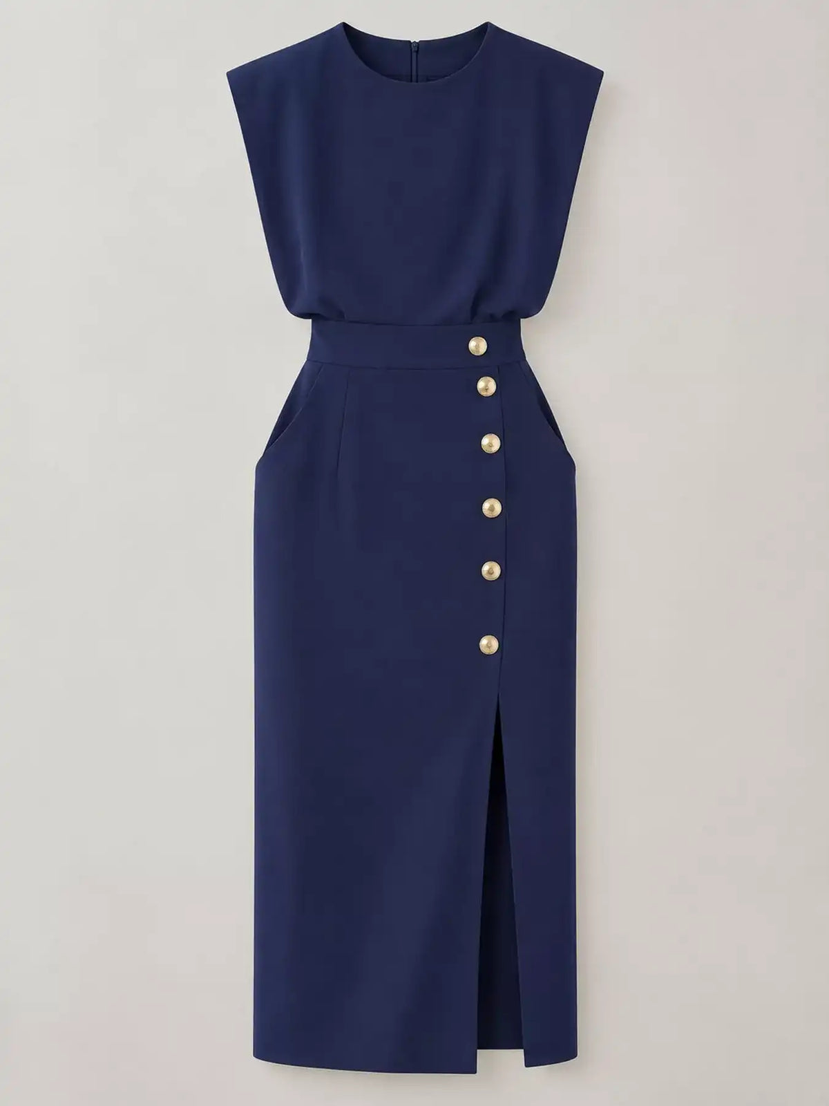 Sleeveless Midi Dress with Gold Button Detail and Side Slit 101001590890082 42 Affordable Fashion Under $100 Jerry's Apparel 