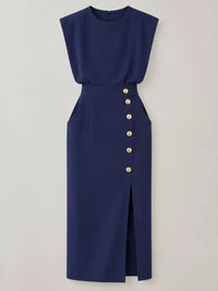 Sleeveless Midi Dress with Gold Button Detail and Side Slit 101001590890082 42 Affordable Fashion Under $100 Jerry's Apparel 
