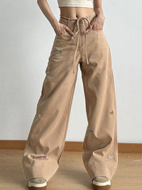 Bow Embroidered Wide Leg Drawstring Casual Pants