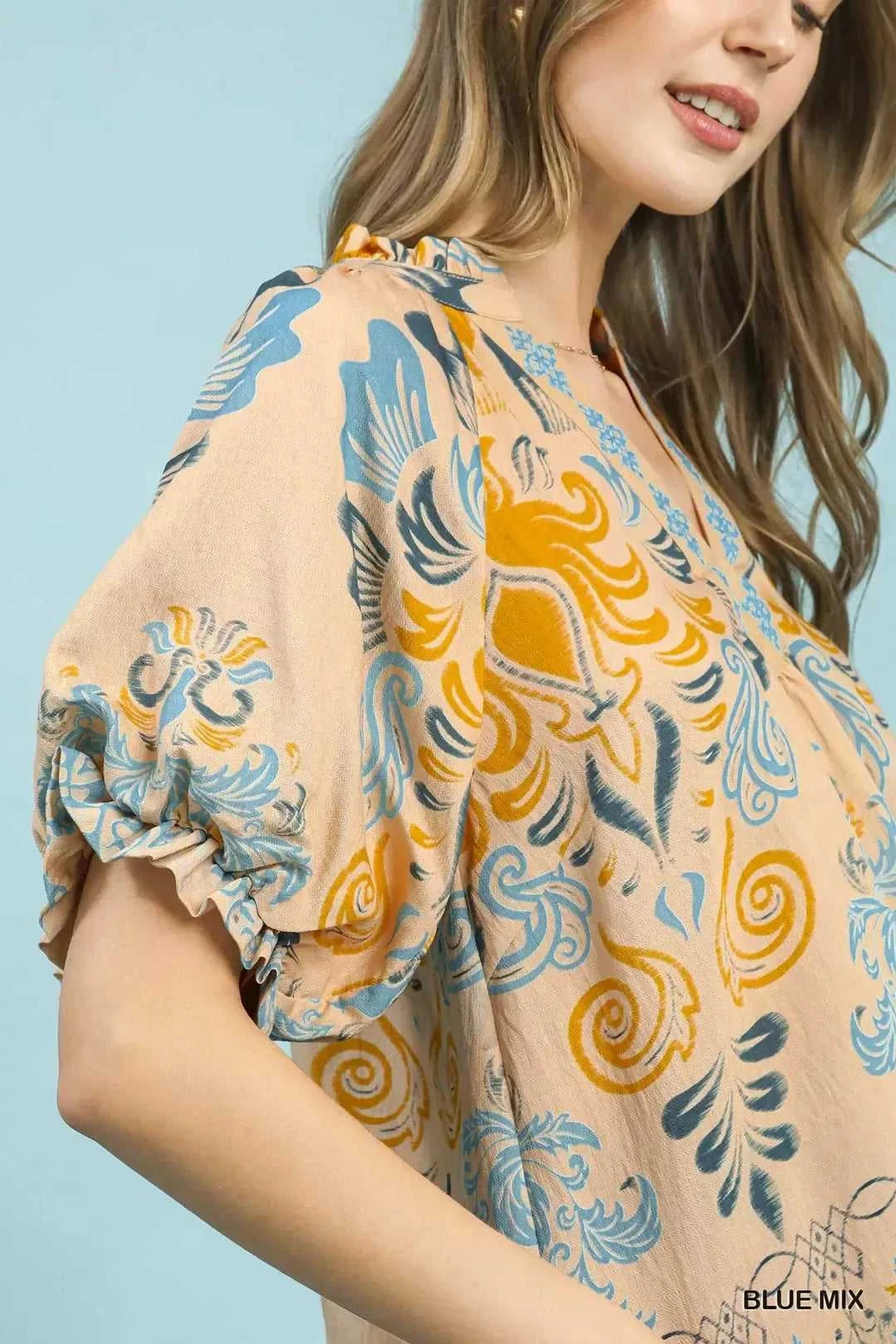 Umgee Border Print Puff Sleeve V-Neck Blouse 100100982111537 49 Affordable Fashion Under $100 Jerry's Apparel 