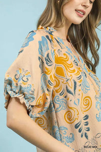 Umgee Border Print Puff Sleeve V-Neck Blouse 100100982111537 49 Affordable Fashion Under $100 Jerry's Apparel 