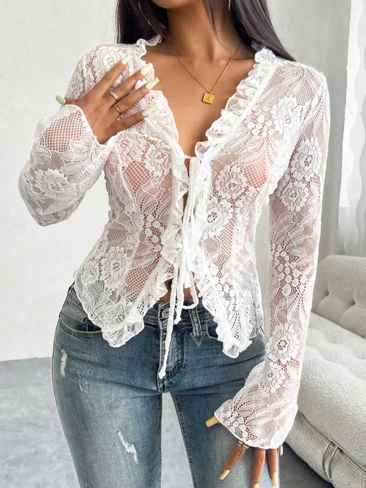 Tie Front Long Sleeve Lace Top 100100498929806 35 Affordable Fashion Under $100 Jerry's Apparel 