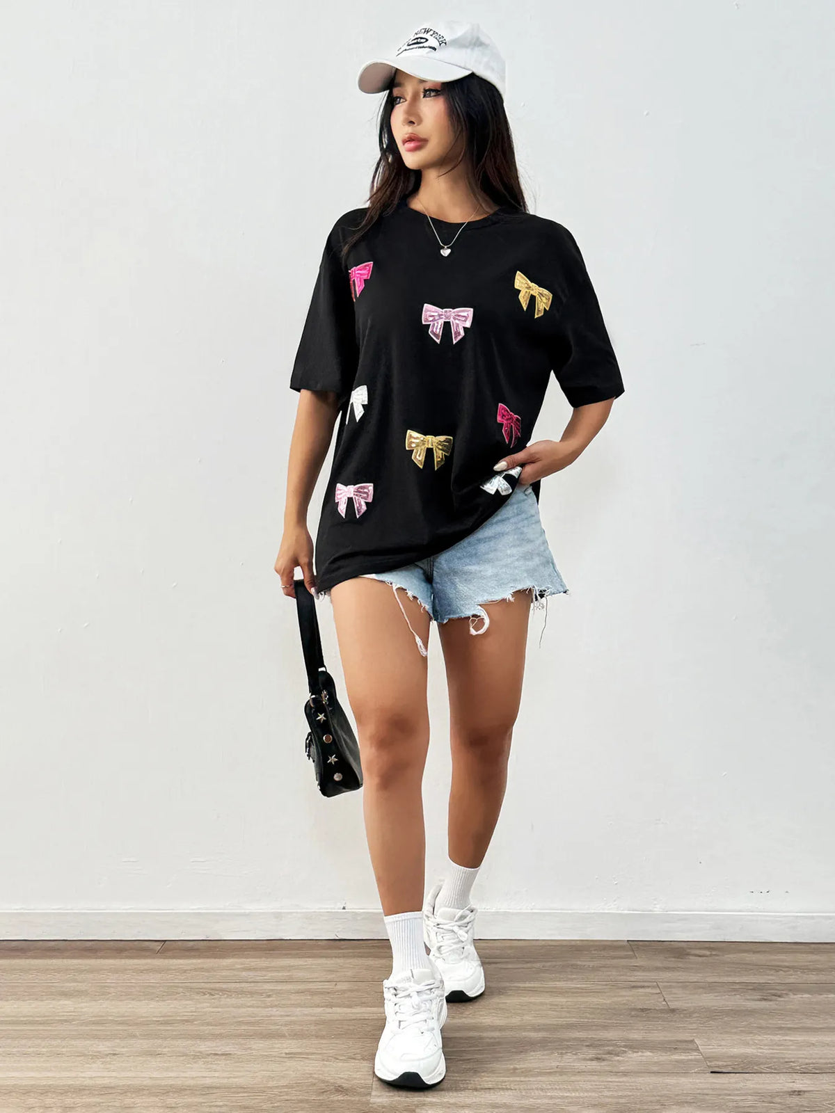Sequin Bow Round Neck Short Sleeve T-Shirt