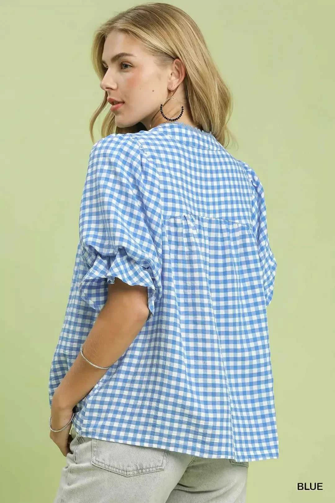 Umgee Gingham Check Blouse with Ruffle Sleeves 100100880841816 47 Affordable Fashion Under $100 Jerry's Apparel 
