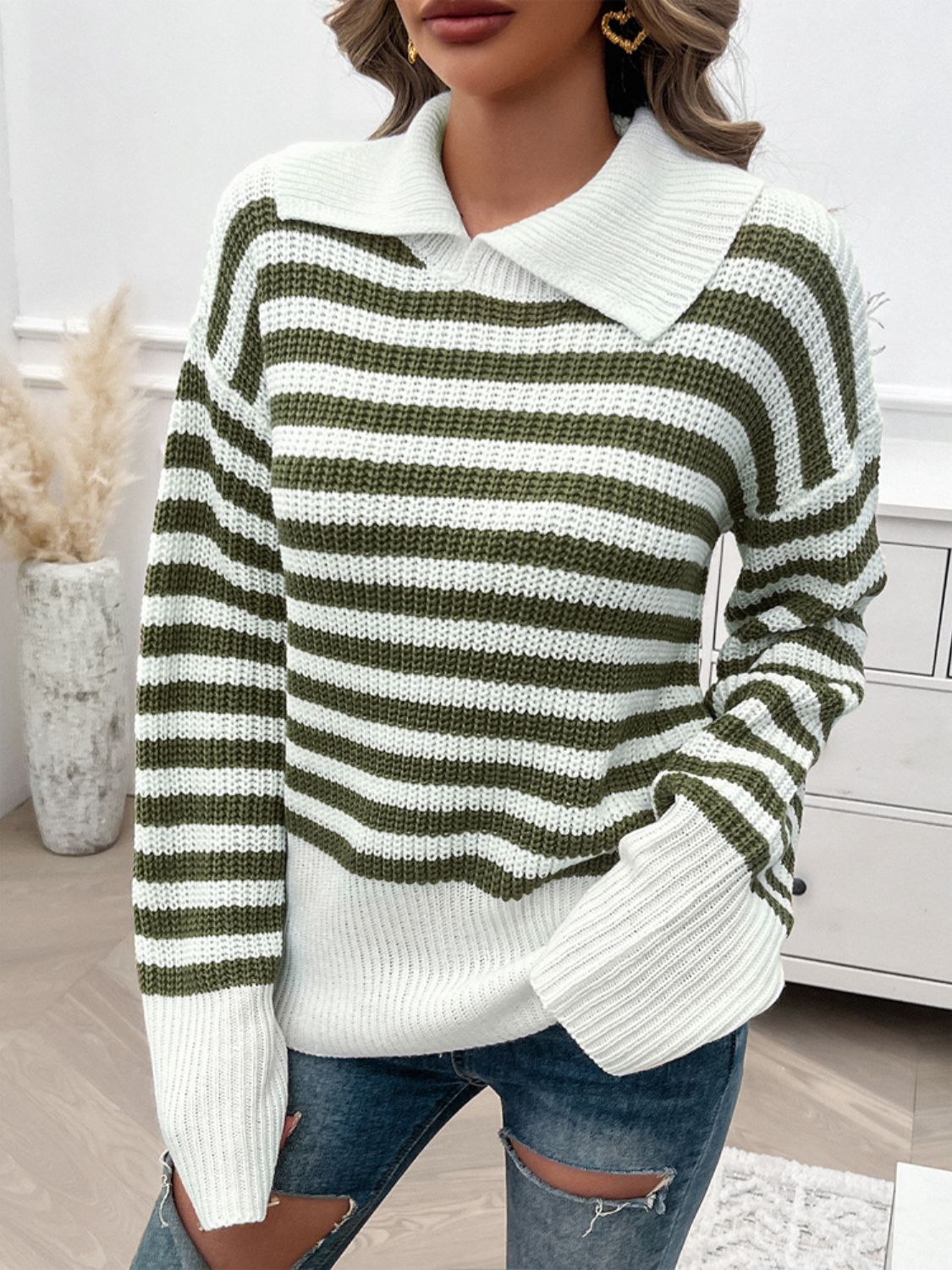 Striped Collared Neck Long Sleeve Sweater