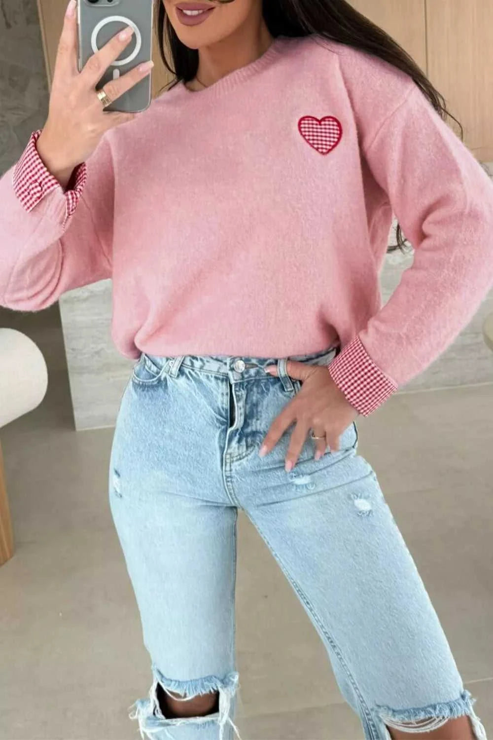 Plaid Heart Embroidered Cuffed Drop Shoulder Crew Neck Sweater 100100906455941 57 Women's Sweaters and Knitwear Jerry's Apparel 
