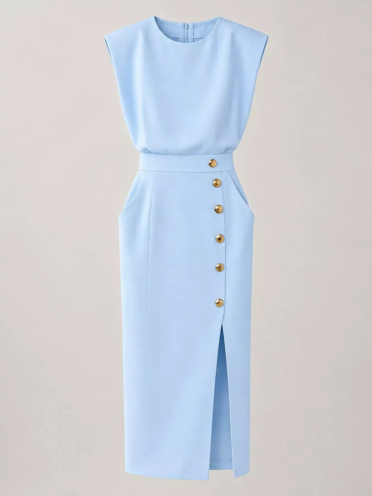 Sleeveless Midi Dress with Gold Button Detail and Side Slit 101001590890082 42 Affordable Fashion Under $100 Jerry's Apparel 