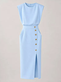 Sleeveless Midi Dress with Gold Button Detail and Side Slit 101001590890082 42 Affordable Fashion Under $100 Jerry's Apparel 
