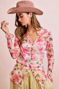 BiBi Floral Shrried Detail Button Up Mesh Cardigan Top 100100970651175 39 Gifts for Her Jerry's Apparel 