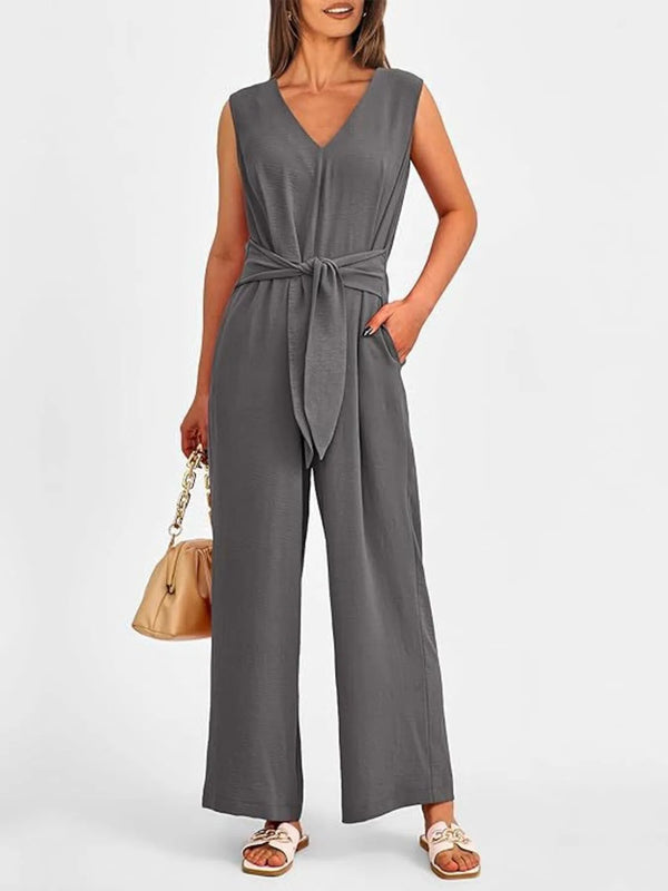 V-Neck Sleeveless Wide-Leg Jumpsuit with Waist Tie