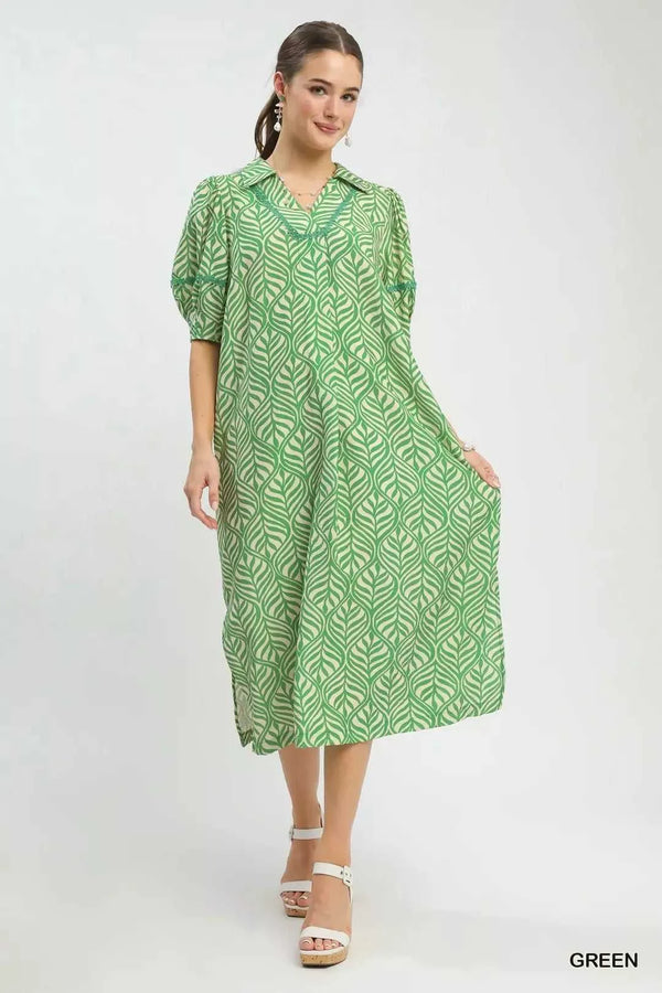 Umgee Printed Puff Sleeve Midi Dress with Pockets 100100164501514 60 Affordable Fashion Under $100 Jerry's Apparel 
